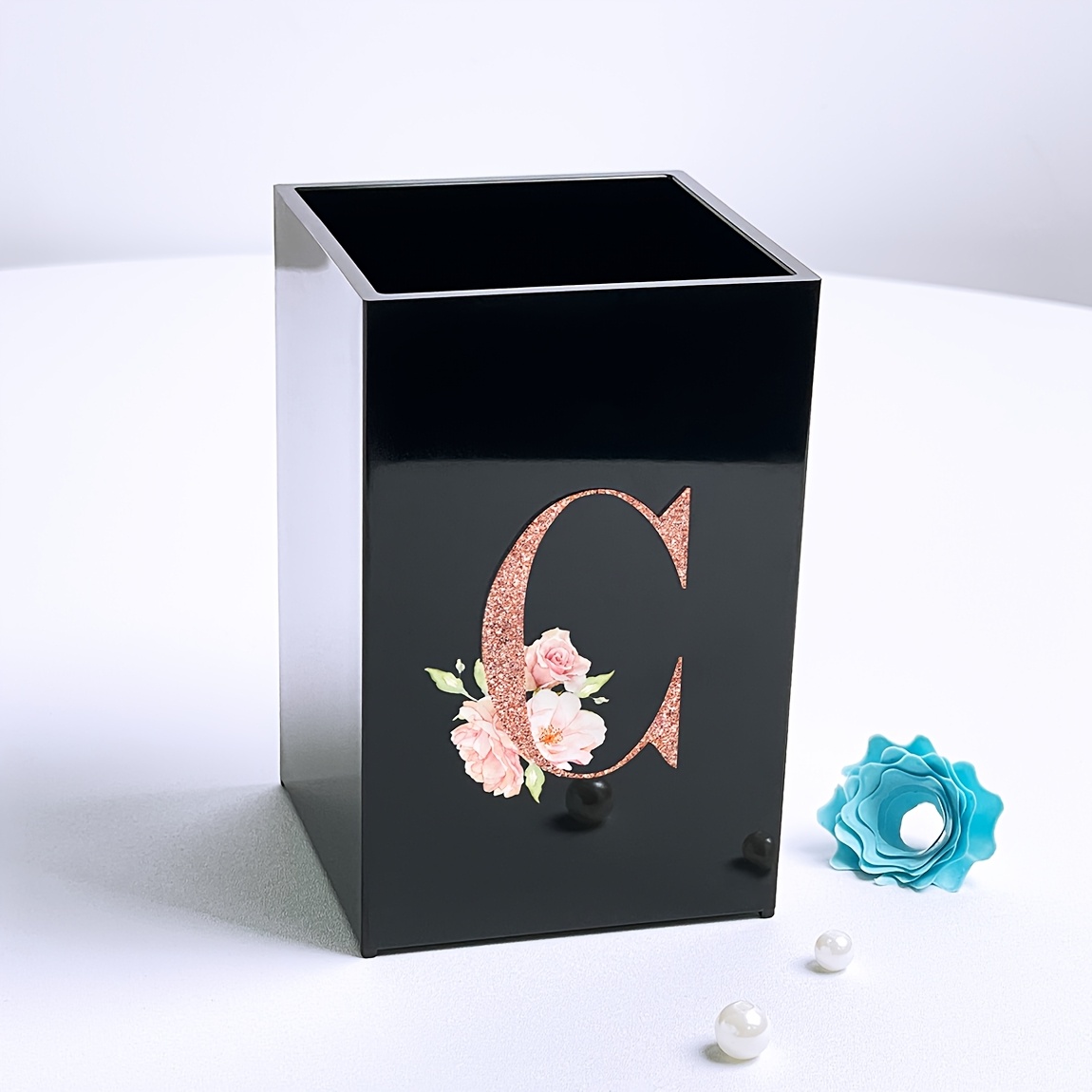 TEMU Rose Golden Floral Letter Flower Creative Storage Black Acrylic Pen Holder Desk Organizer, Suitable For Home Office Dormitory Desktop Makeup