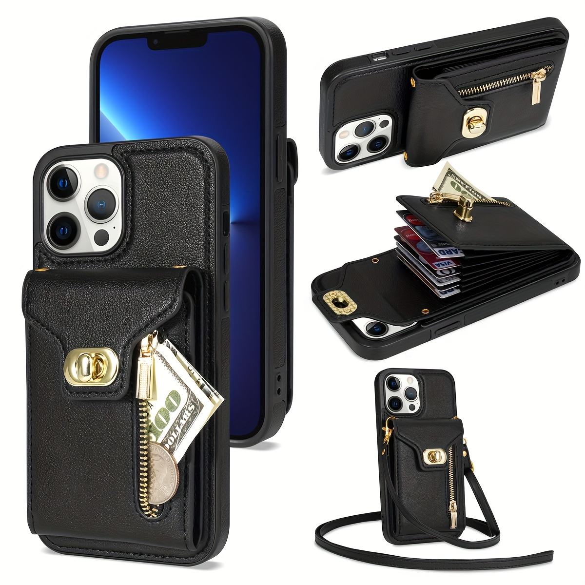 

Phone Case For 14/14pro/14plus/14promax Wallet Cover With Card Holder Zipper Slot Crossbody Strap Lanyard Leather Stand Cell Iphone14 Promax Women Girl Black