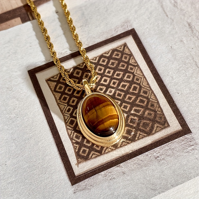 

Vintage Boho Oval Tiger Eye Pendant Necklace - 18k Golden Plated Titanium Steel, Natural Stone Mosaic, Elegant Unique Design For Daily & Gift Occasions