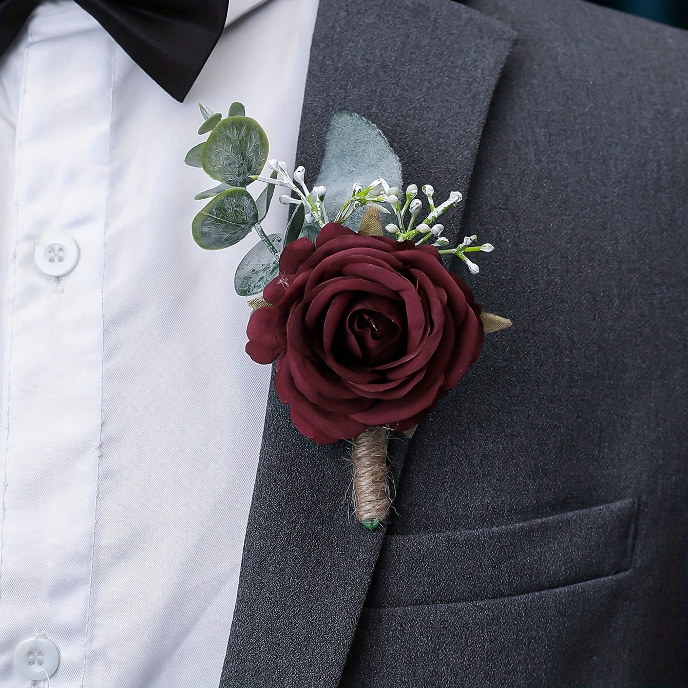 Image of 1pc Burgundy Princess Rose Flower With Artificial Greenery, Forest Aesthetic Brooch For Groom Bride Best For Man Maid Of Honor Wedding Engagement Decoration Wearable At Banquets Parties Events