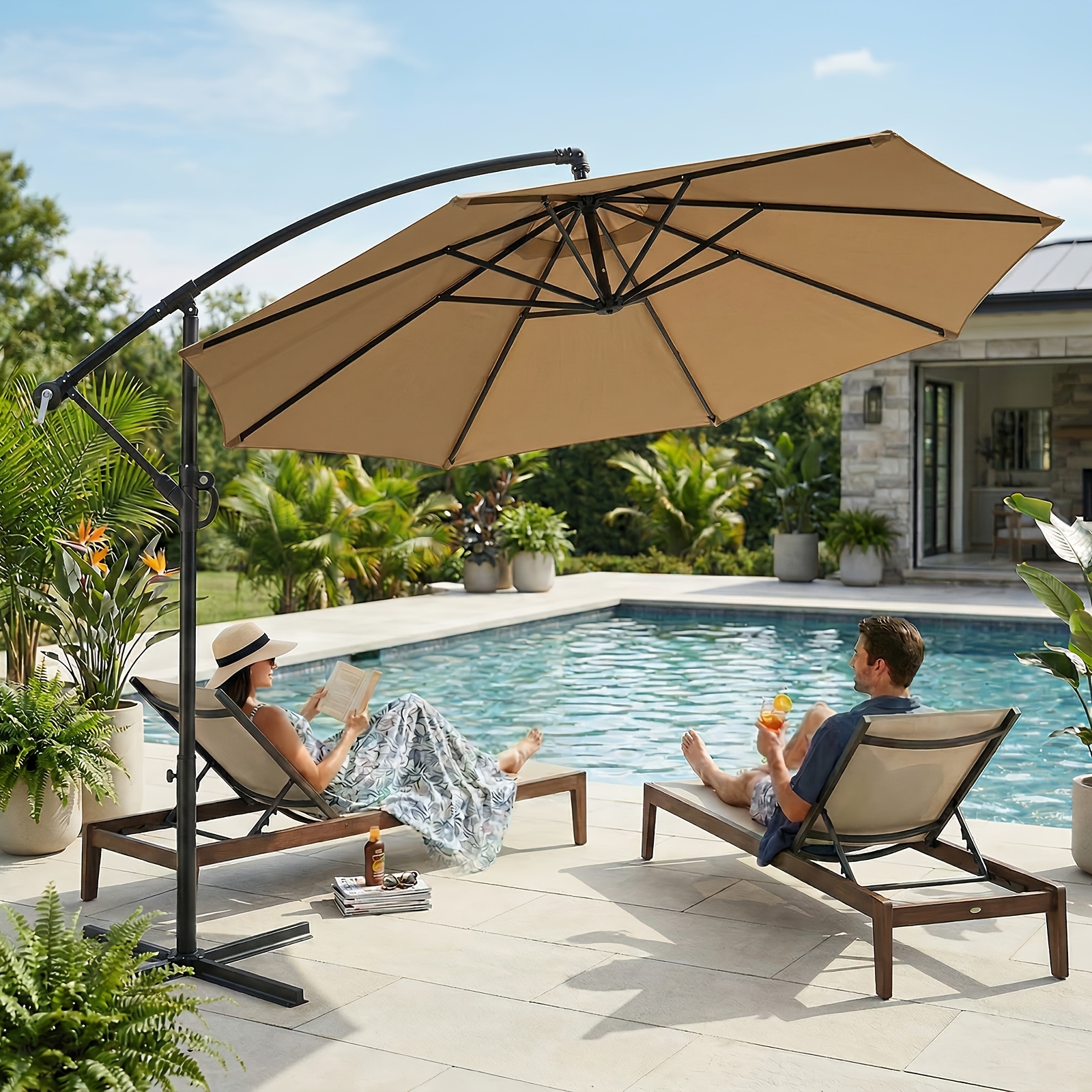 10ft Cantilever Patio Umbrella, Outdoor Garden Fur...