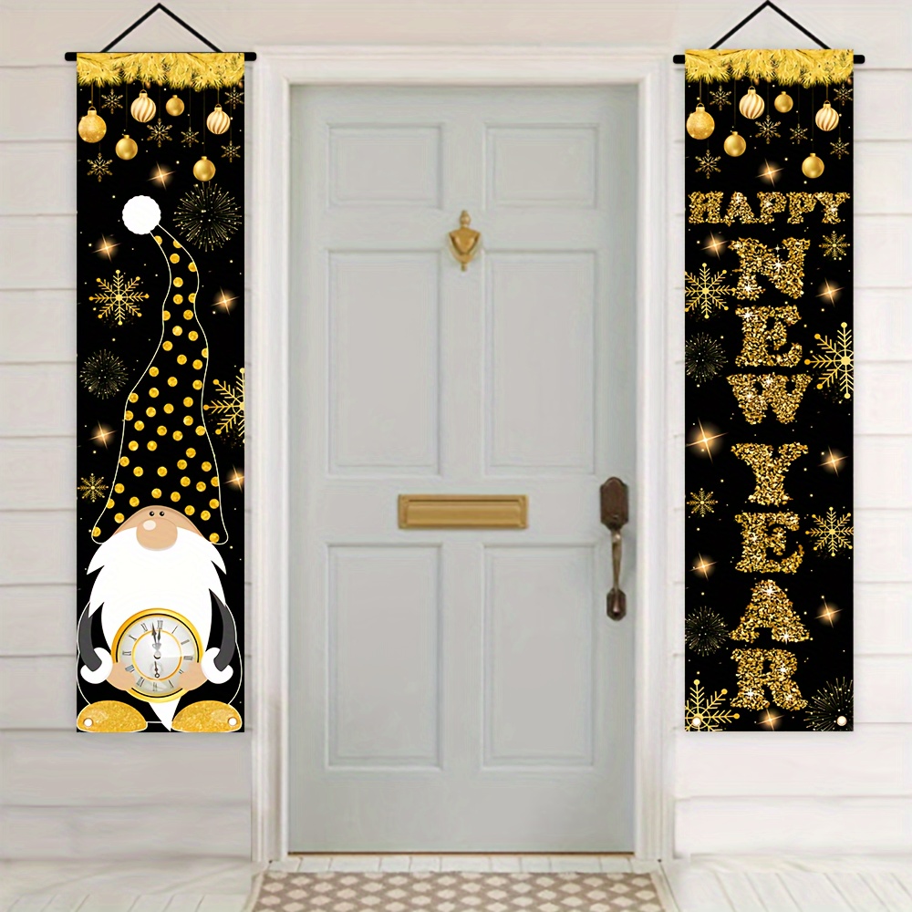 

Happy New Year Porch Banner Set - 47.2" X 19.6" Black & Golden Polyester Door Decorations, Durable & Washable Party Couplets