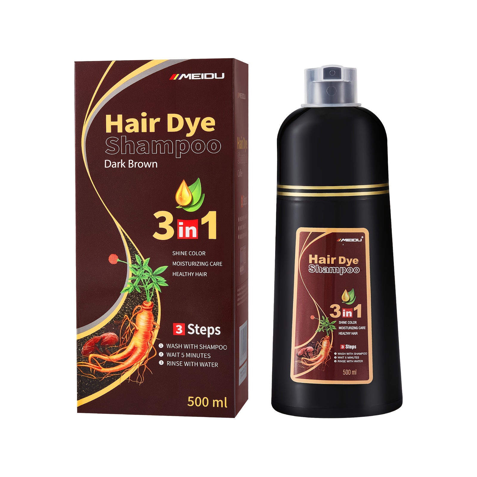 Image of Meidu 3-in-1 Instant Hair Dye Shampoo For Gray Coverage - Natural, Long- In Minutes, Moisturizing Formula With Ginseng & Hyaluronic Acid, For ,gray | Longlasting Dye, Dye Hair Shampoo,500ml