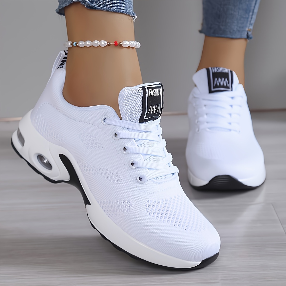 TEMU Women's Breathable Running Shoes Designed For Shock Absorption And Added Height - Casual Flat Sports Footwear, Featuring A White Low- With A Pu