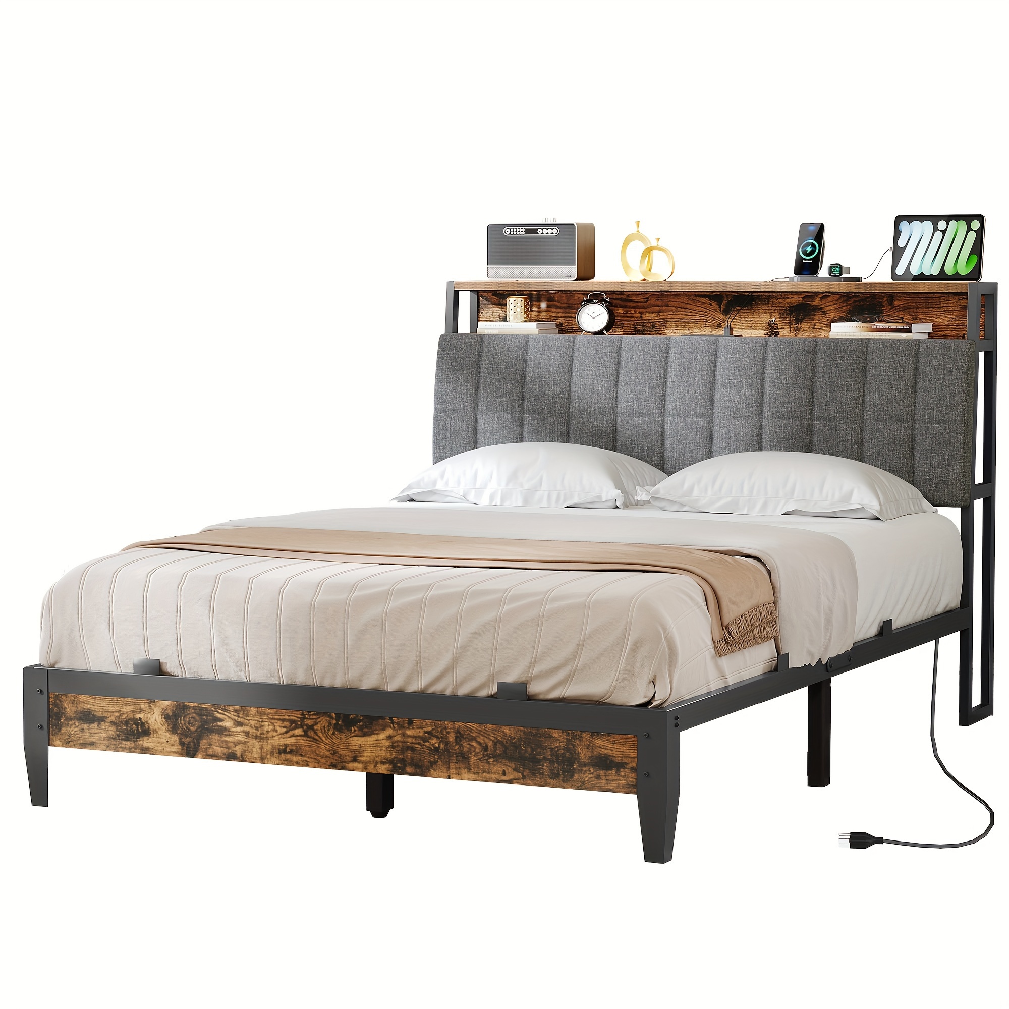 TEMU Phabules Bed Frame Charging , Upholstered Metal Bed, And