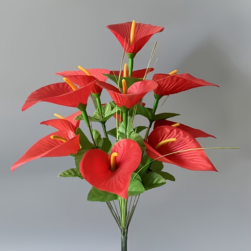 TEMU 12-bloom Oversized Artificial Anthuriums Bouquet - Realistic Uv-resistant Outdoor/indoor Fake Flowers, Red And Green Leaves, Lifelike Branch