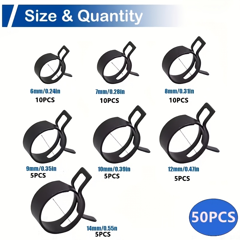 Image of 50pcs | 7 Different Sizes, Designed For High-pressure Environments | Black Plated Elastic Clamp Plate Steel Pickup Spring Hose Clip Ring Throat Metal Clamp Soft Tube Fastener Hose Clamp