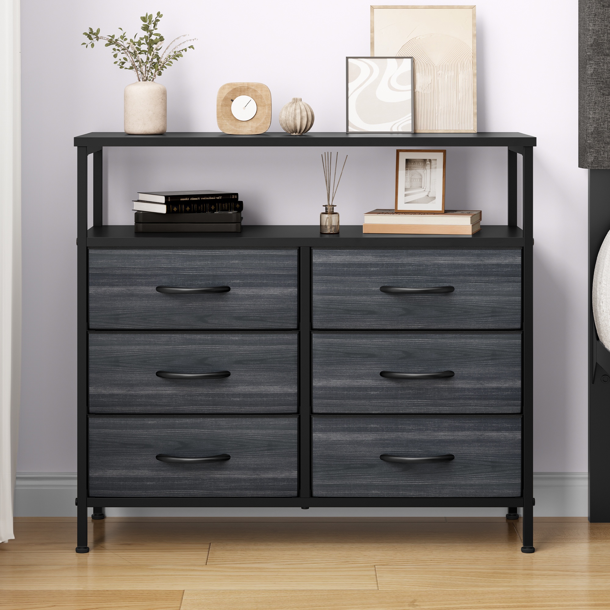 

Elegant 6-drawer Black Fabric Dresser With Wooden Top - Storage Chest For Bedroom, Hardwood Construction, Ideal For Organizing Books, Decor, And More