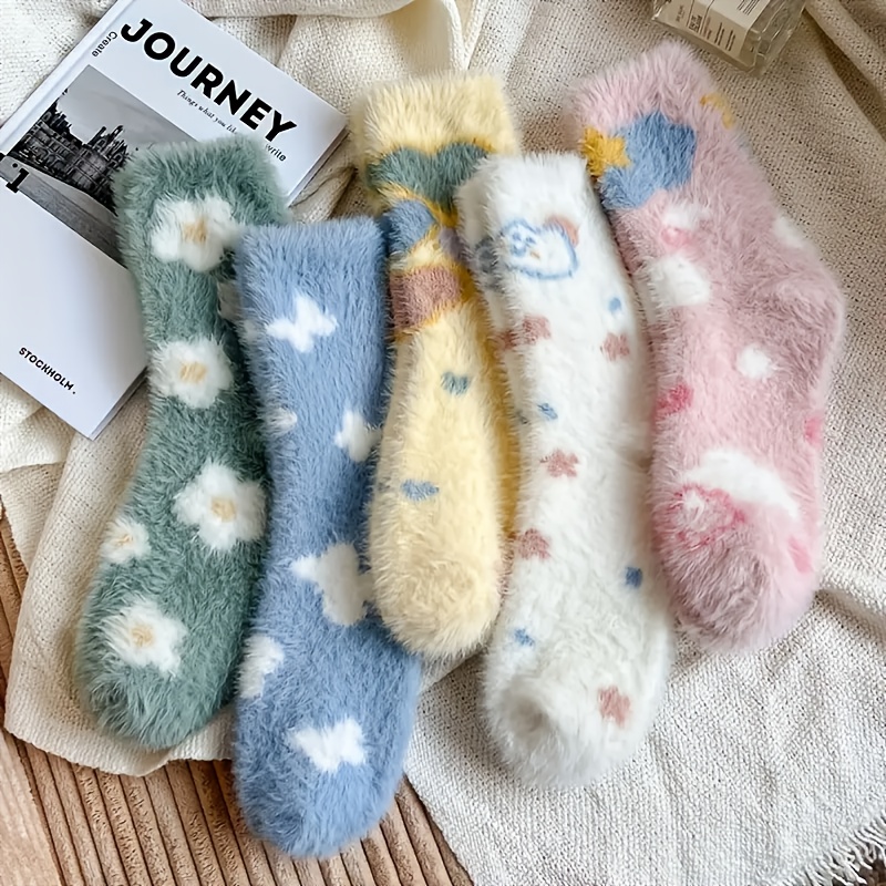 

5 Pairs Floral & Socks, Cute & Sweet Fluffy Warm Mid Tube Socks For Fall & Winter, Women's Stockings & Hosiery