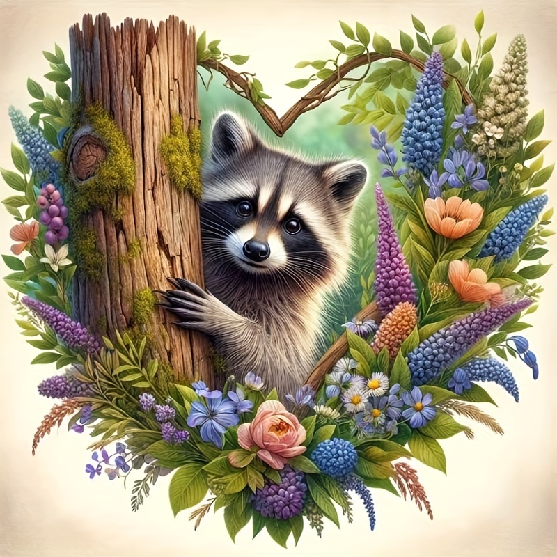 

Round Diamond Animal Theme 3d Full Drill Diamond Painting Kit, Acrylic (pmma) Diy Art & Craft Raccoon And Floral Design Wall Decor For Home And Bedroom - Complete Tool Set Included