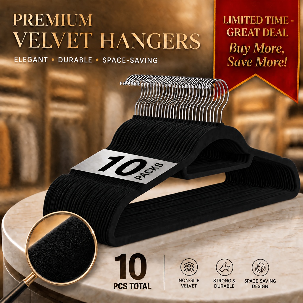TEMU 10 Packs Velvet Hangers, Non Slip Heavy Duty Clothes Hangers With 360 Degree Rotatable Hook, Space Saving For Coats Suits And Everyday Use.