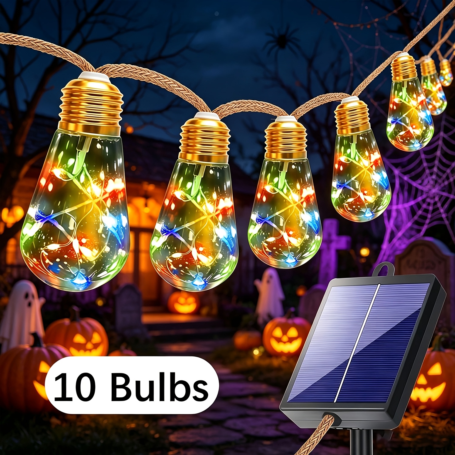 TEMU Outdoor Solar String Lights, Led Bulb Hanging Hemp Rope String Lights, Light-sensing , 8 Transparent Bulb Garden String Lights, Suitable For