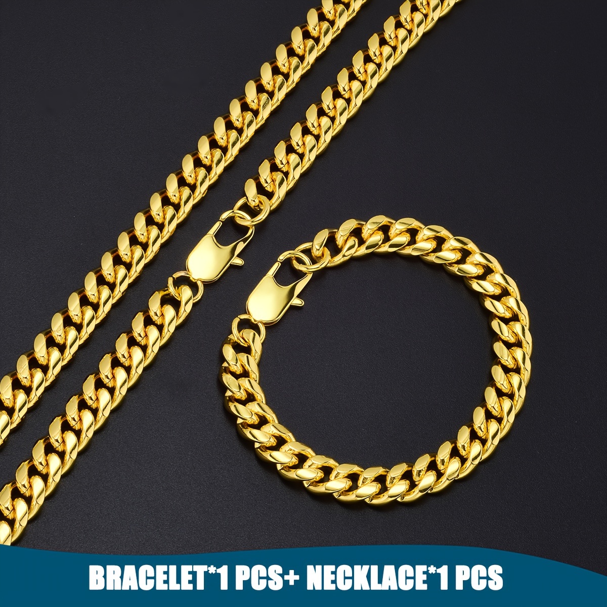 

2pcs Set 10mm Wide Men's Golden Plated Stainless Steel Cuban Link Chain Necklace And Bracelet, Size Optional 7.5"-30