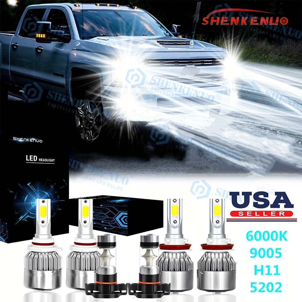 TEMU For Silverado 1500 2500 Hd 2007-2015 6pcs 6000k White Led Headlight Bulbs High Low Beam Bulbs + Fog Light Bulbs Combo, Super Plug And Play, Without Battery