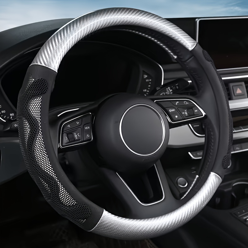 TEMU para Volante de Coche de de Cuero y Fibra de Carbono, Adecuada para Volantes de Coche de 15 Pulgadas, Diseño Antideslizante de Goma, Elegante,