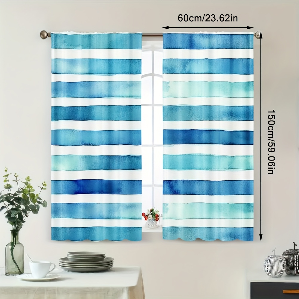 TEMU 2 pezzi, Tende in Stile Art D矇co per , Righe Blu Costiere, Poliestere, per Soggiorno, Camera da Letto, Studio, Sala da - per , (senza )