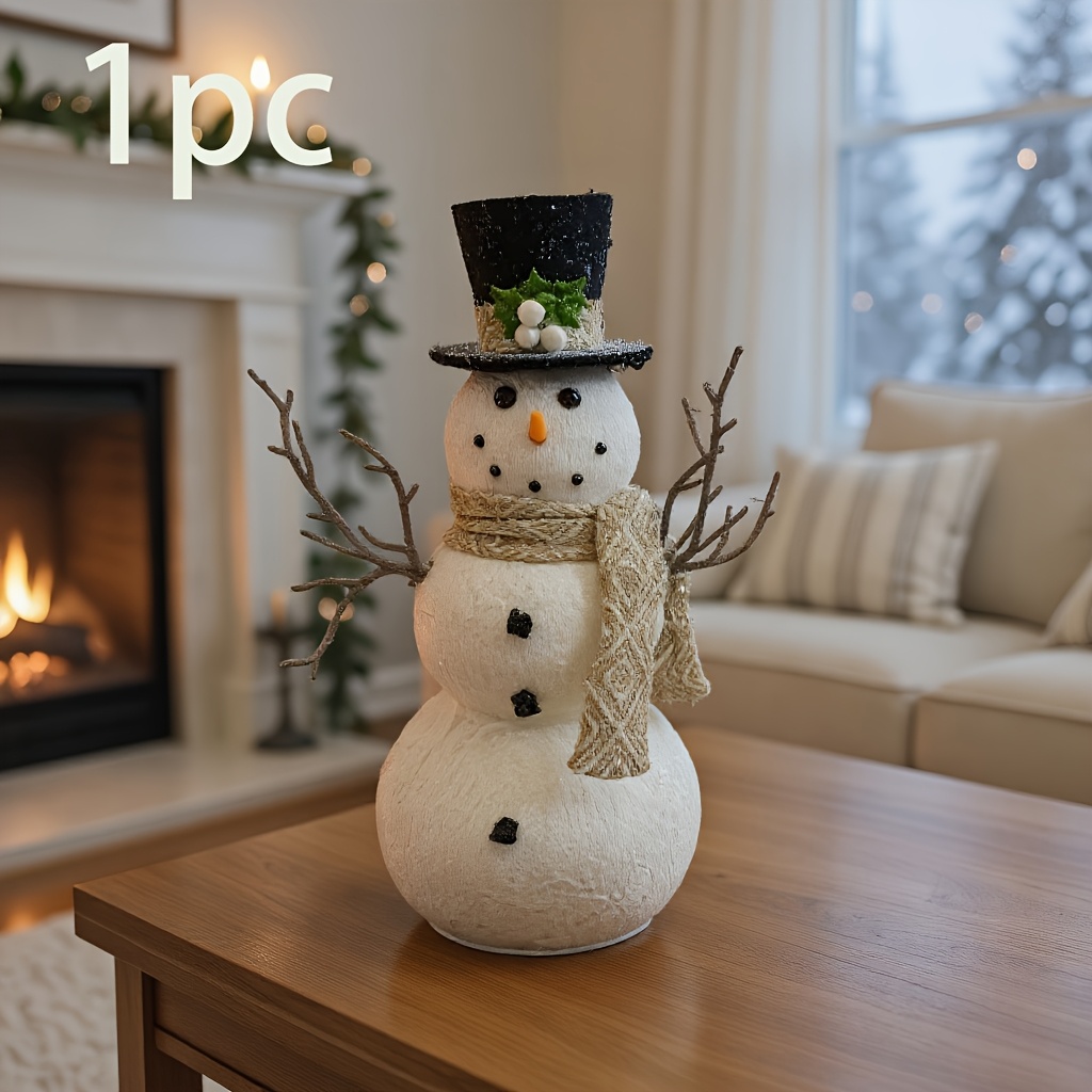TEMU 1pc 13.78-inch Handcrafted Exquisite Black Top Hat With Champagne Diamond-patterned Scarf Snowman Ornament - Suitable For Christmas, Halloween,