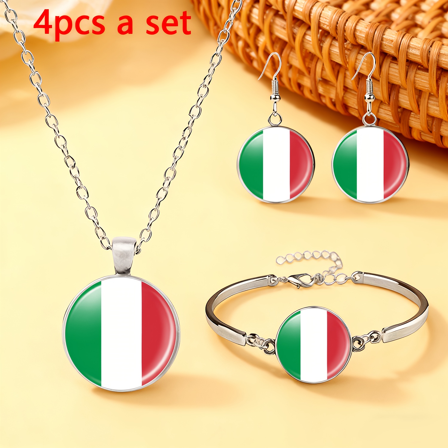 TEMU 4-teiliges weißes Schmuckset (1 Halskette, 1 Armband, 1 Stück Ohrringe), kreisförmiges Muster in 3 Teile unterteilt, links grün, mittig weiß,