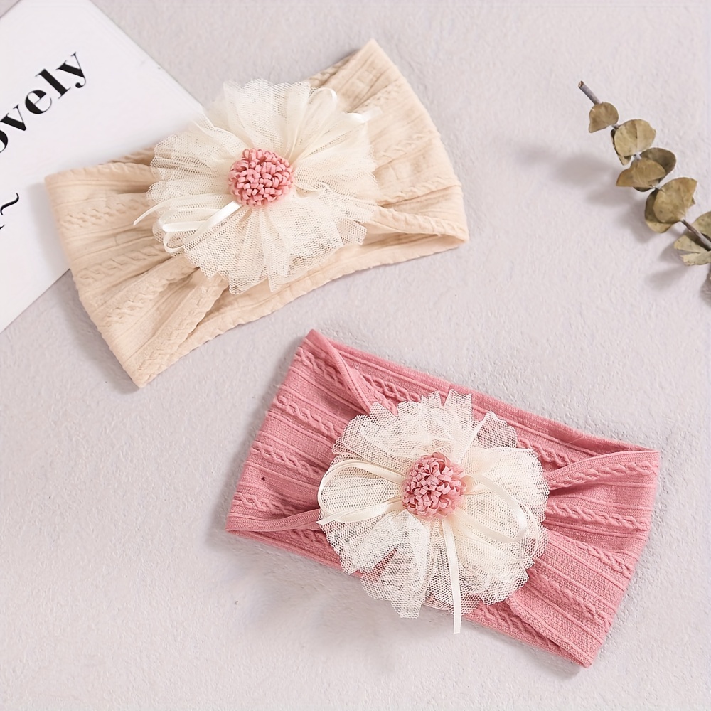 2pcs Mesh Flower Additions Jacquard Headband Soft Baby Nylon Headbands