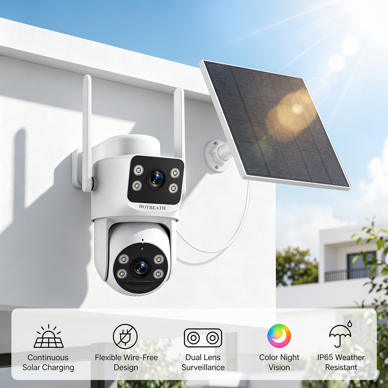 TEMU Wireless Dual-lens Solar Security Camera, 6mp, 2.4ghz/5ghz Dual Band Wifi Outdoor Camera For Home Garden Garage, Auto Tracking, Color Night