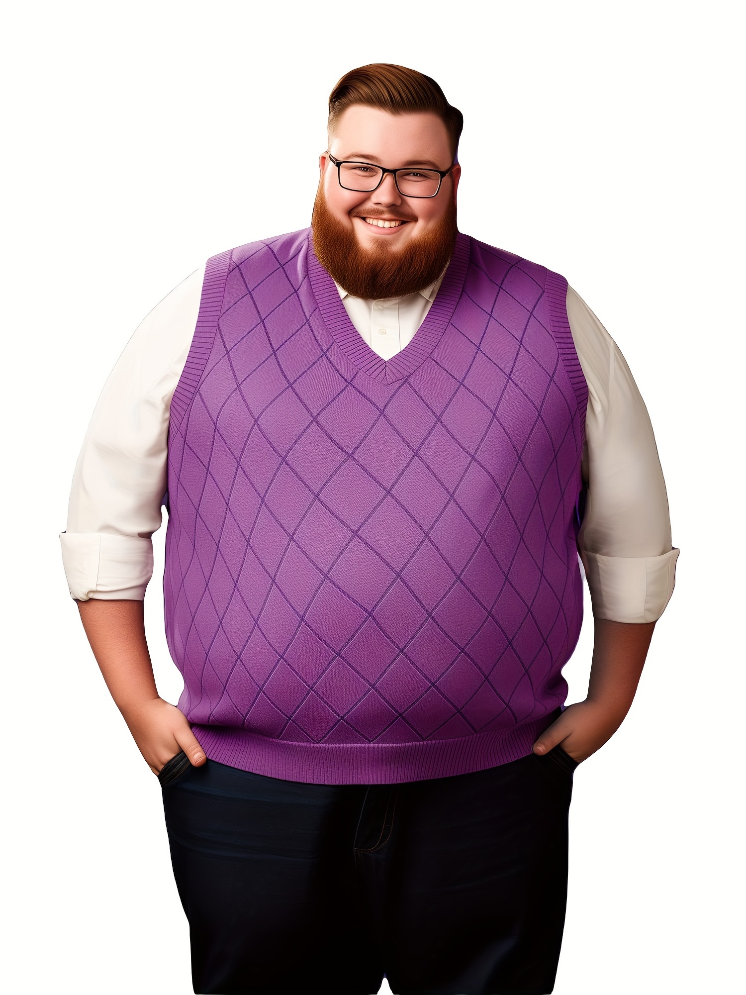 Plus Size *'S Navy Blue V-Neck Sleeveless Knit Vest Plaid Pattern, Ribbed  Cuffs, Loose Fit Golf, Business, and Office Wear, Golf Vest Sweater 