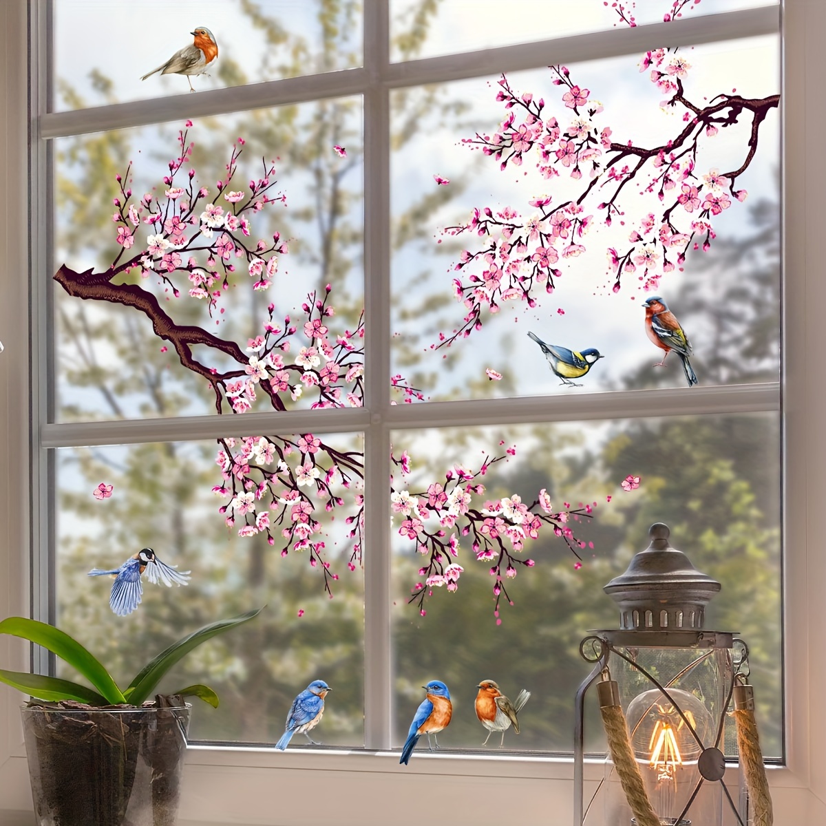 

Pink Floral & Bird Dual-sided Glass Window Clings - Reusable, 5mil Pvc Decorative Stickers For Home