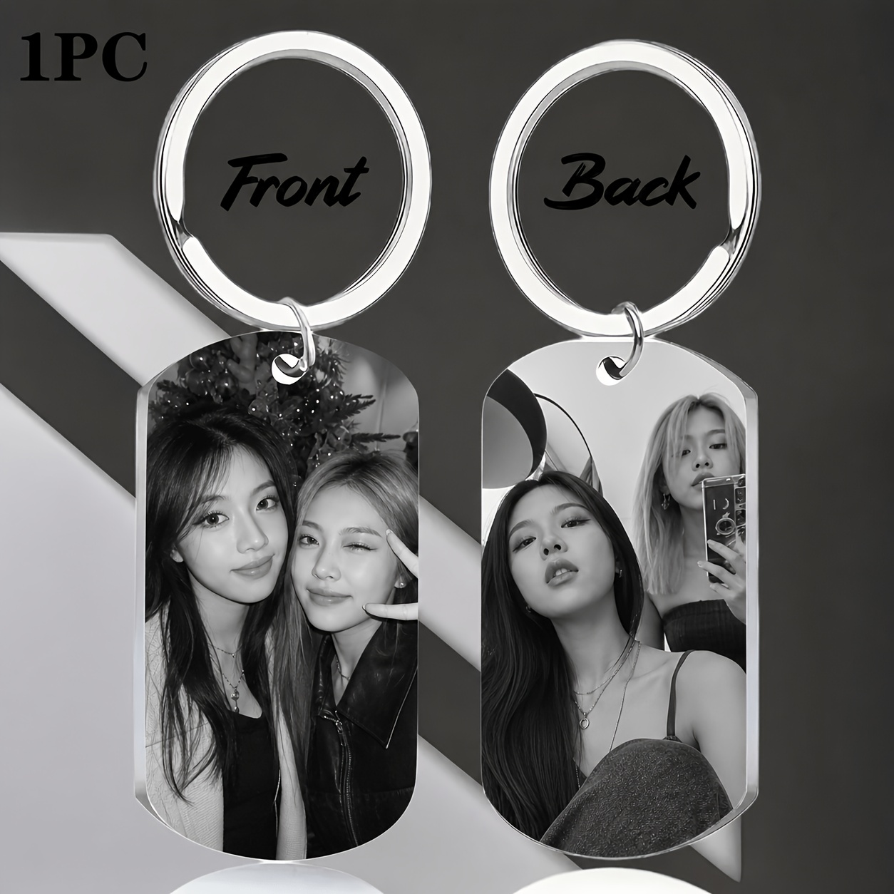 TEMU 1pc Photo Custom Stainless Chain Square Rectangular Metal Keychain Customizable Couple Photo Black And White Image Design Black Silvery Optional