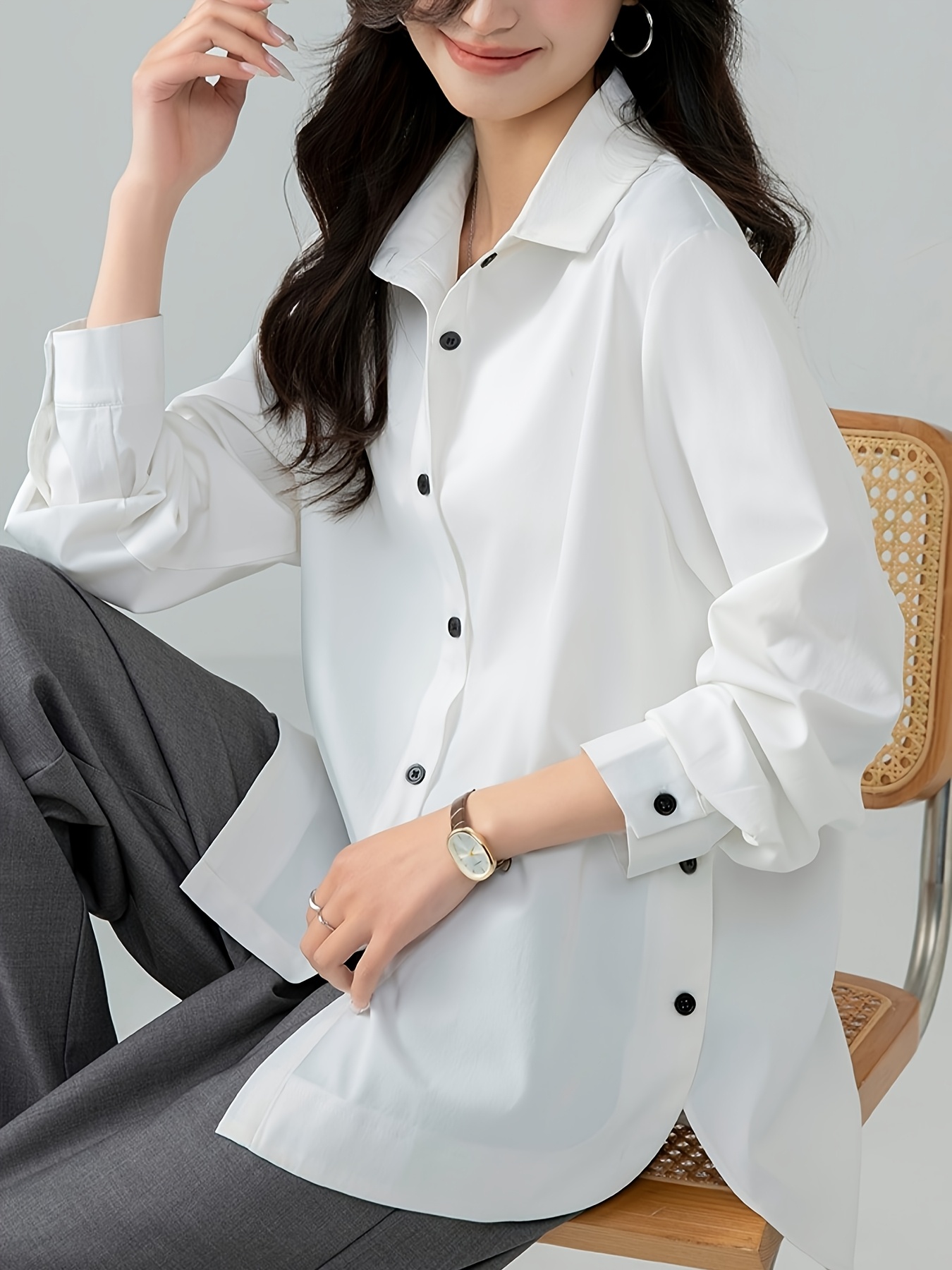 Women's Oversized Korean Style Shirt Jacket Collar Long Sleeve  Korean-Inspired Casual to Smart-Casual Coat for Spring Summer Fall,