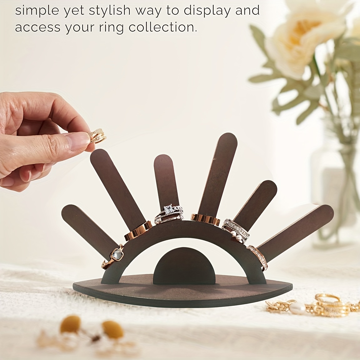 

1pc Multipurpose Ring Holder Display Tray - Wood/acrylic Stand For Rings And Earrings, Tabletop Oval Jewelry Organizer With Unique Sunburst Design For Elegant Showcase