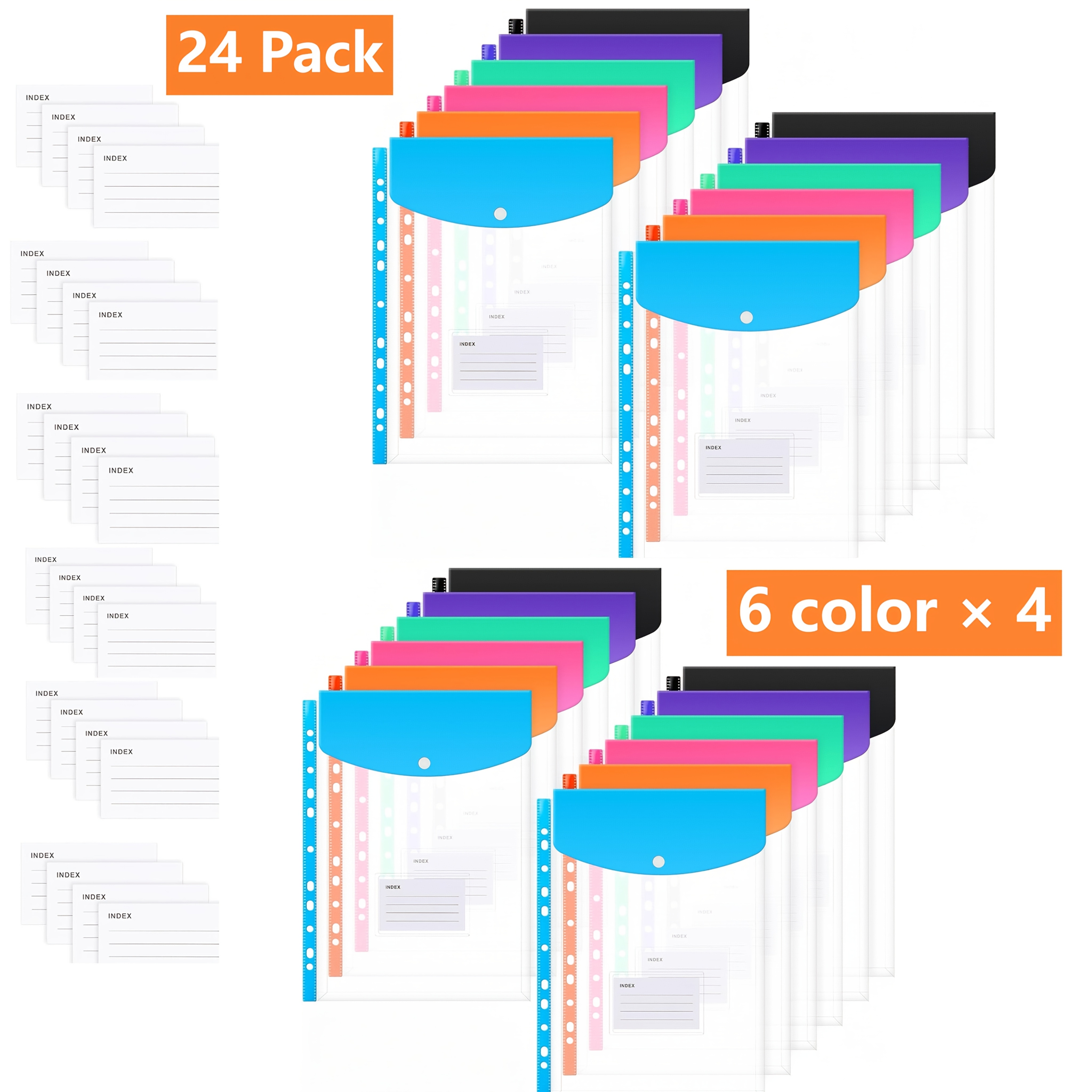 TEMU 24pcs Plastic Wallets A4 Pockets, 11 Holes Expandable Binder Folders For 2/3/4 Ring Document Pouch With Snap Button & Label Loose-leaf