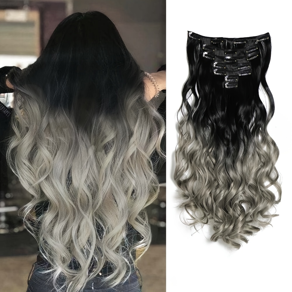 E-shop Clip-in Haarverlängerungen für Frauen, 22 Zoll lang, gewellt, lockig, Ombre Haarverlängerung, vollständige Kopfverlängerung, synthetische