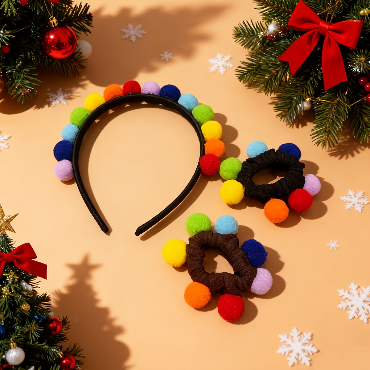Image of 3pcs Christmas New Year Birthday Colorful Pom Pom Headband + Hair Tie Ladies Cute Elegant Hair-friendly Decorative Hair Additions
