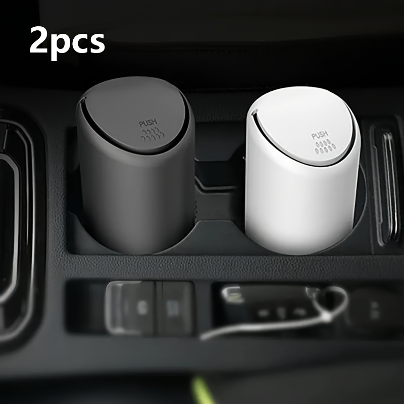 

2pcs Mini Car Trash Bin Set, Push-to-open Automotive Garbage Can, Silicone Cup Holder Compatible, Removable And Washable Plastic Car Trash Container For Vehicle Upholstery Care