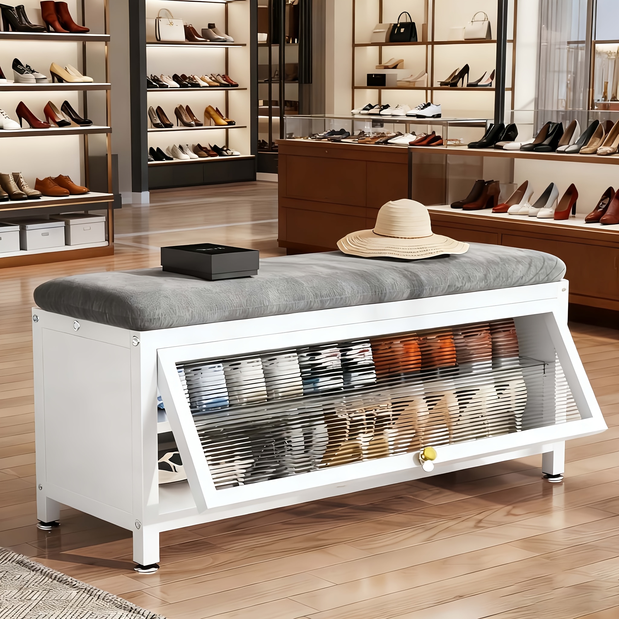 Shoe Changing Stool with Shoe Rack, Soft Stool, Shoe Cabinet/shoe Changing Stool That Can Hold Multiple Pairs of Shoes, Elegant Entryway Shoe Cabinet, Shoe Storage Solution, Carbon Steel Storage Stool, Black/cream White, for Home Entrance Passages