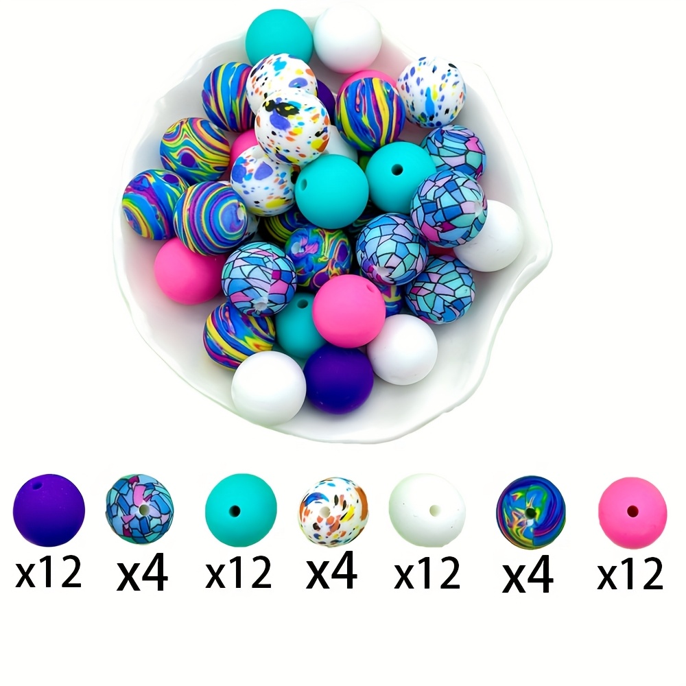 E-shop 60 Stück lila gestreifte Silikonperlen 15 mm mit geradem Loch, runde Perlen für DIY-Armbänder, Schlüsselanhänger, dekorative Anhänger,