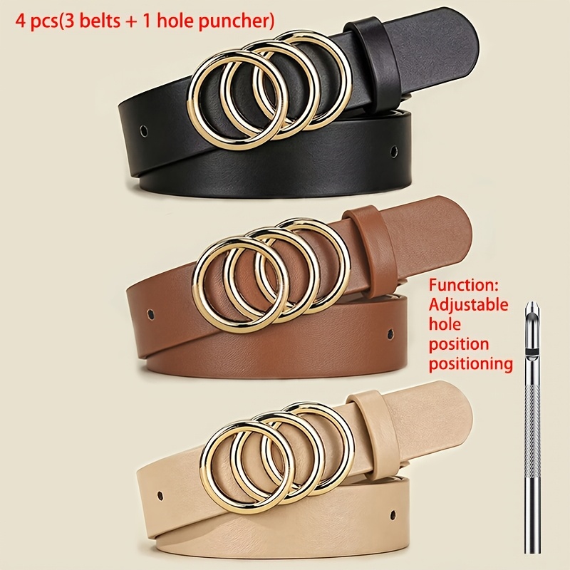 TEMU Juego de 4 piezas: 3 cinturones + 1 perforadora. Cinturón de metal de tres argollas con broche a presión, casual, moderno y versátil para mujer,
