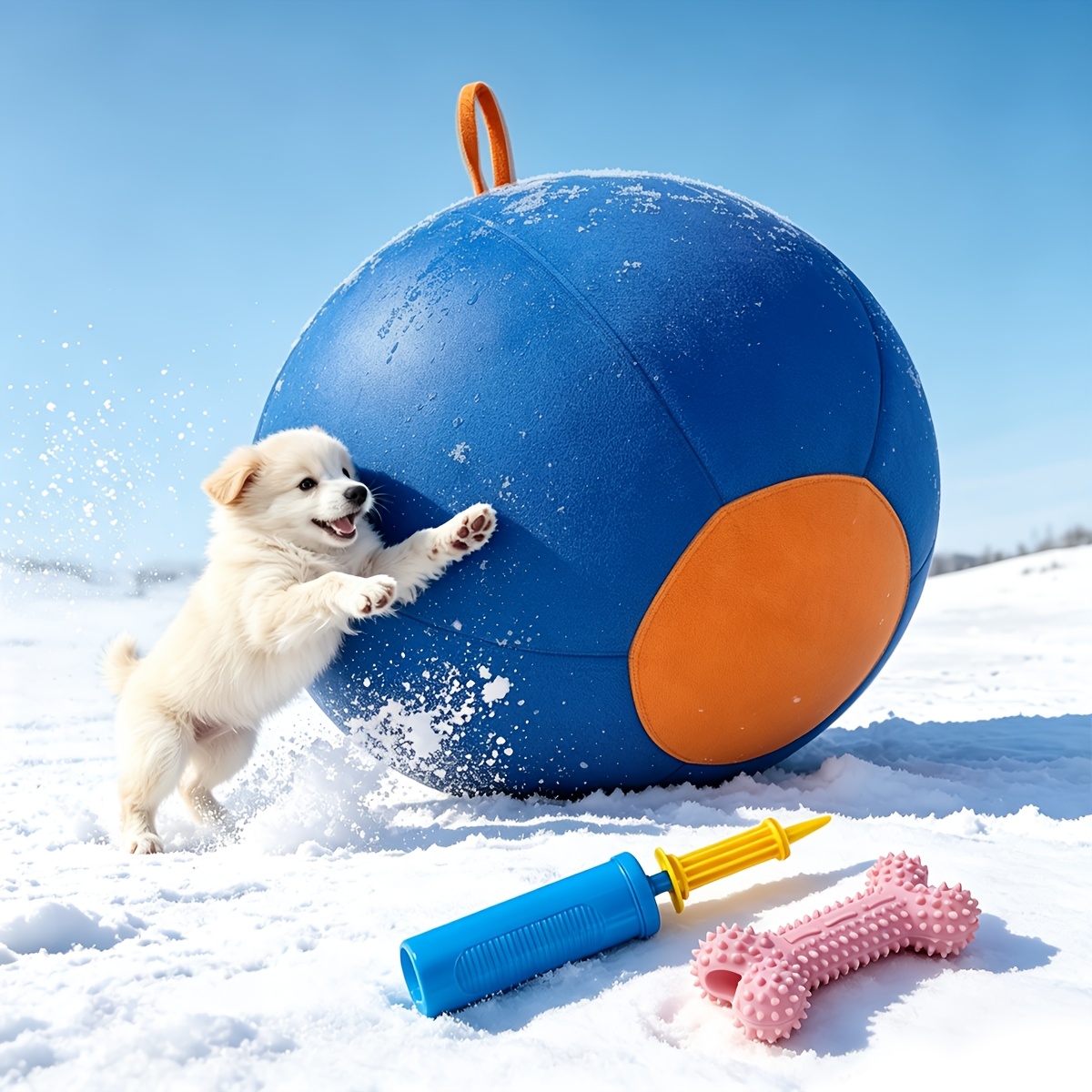 TEMU Double-layer Thickened Oxford Cloth Inflatable Pet Toy Ball, Includes 1 Premium Air Pump + 1 Stick, Designed For Large Dogs Up To 45cm. Features