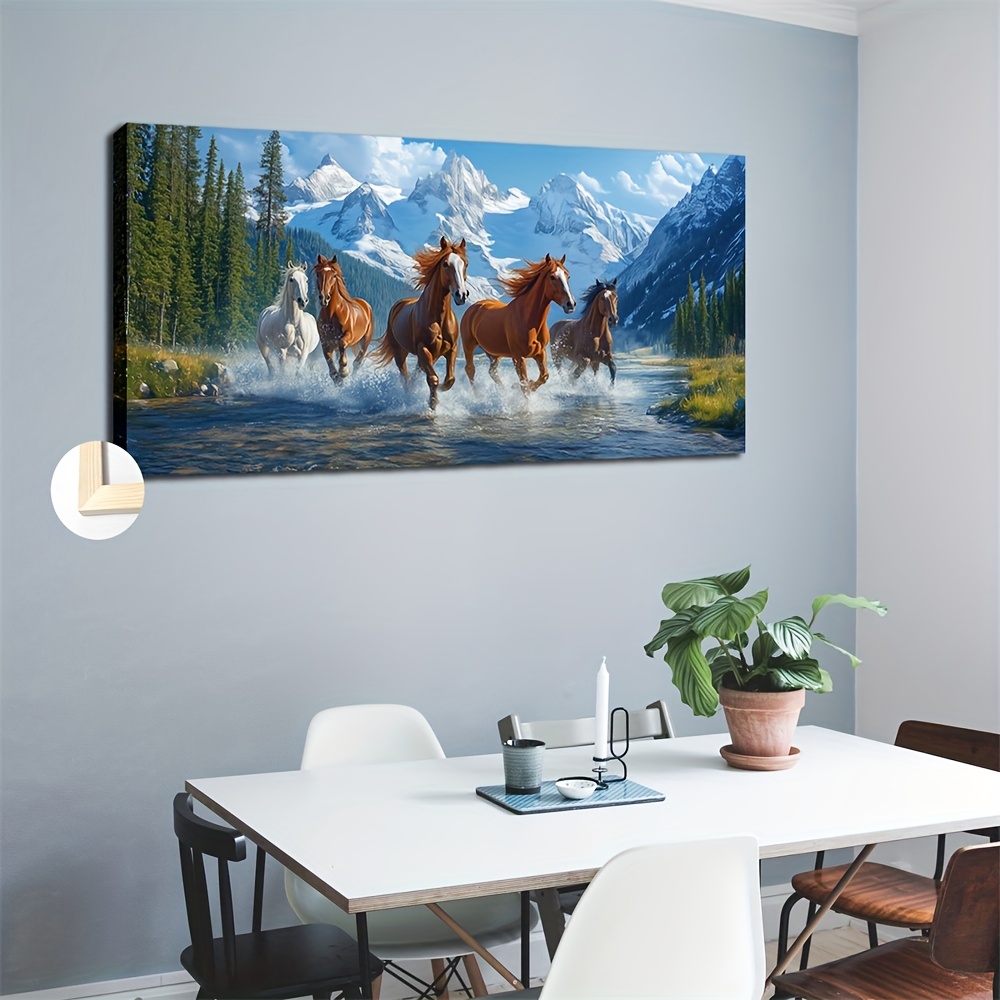 TEMU Large Framed Canvas Wall Art - Horse River And Valley Scene, 20x40 Inches, Minimalist Modern Decor For Home, Office, Cafe, Or Restaurant