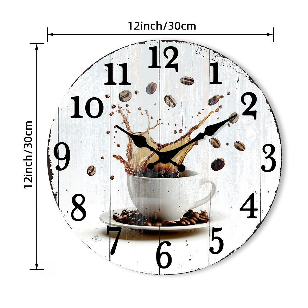 E-shop Rustikale Holzwanduhr, geräuschlos, nicht , runde Form, AA-Batteriebetrieben, mit Kaffebohnen-Spritzer-Design, für Küche, Café, Wohnzimmer-Dekor