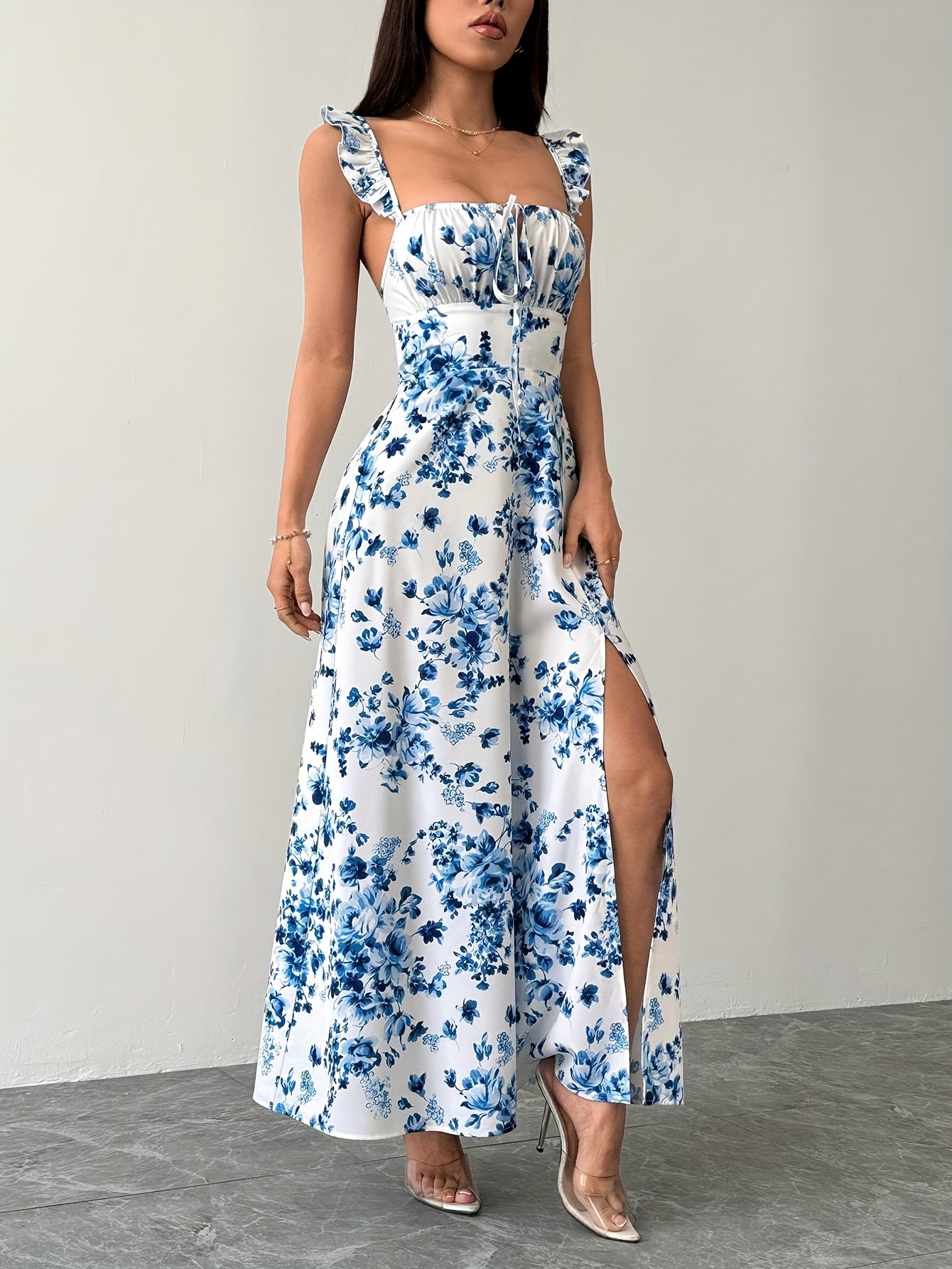 a womens long dress featuring a high side slit - Temu