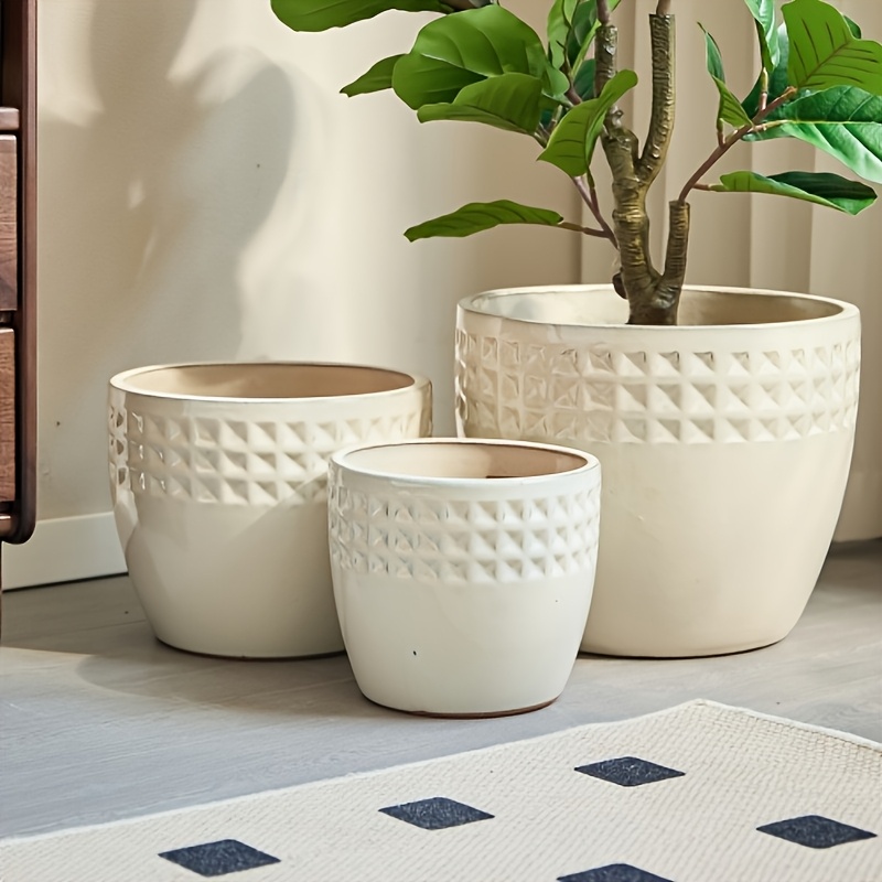 3pcs Handmade Ceramic Flower Pot Set (diameters 38.1/30.5/22.9cm Respectively), White Rhinestone Pattern, Suitable for Placement on Windowsills/bookshelves, Etc., Made of Breathable Terracotta. Gardening Gift,home Decor