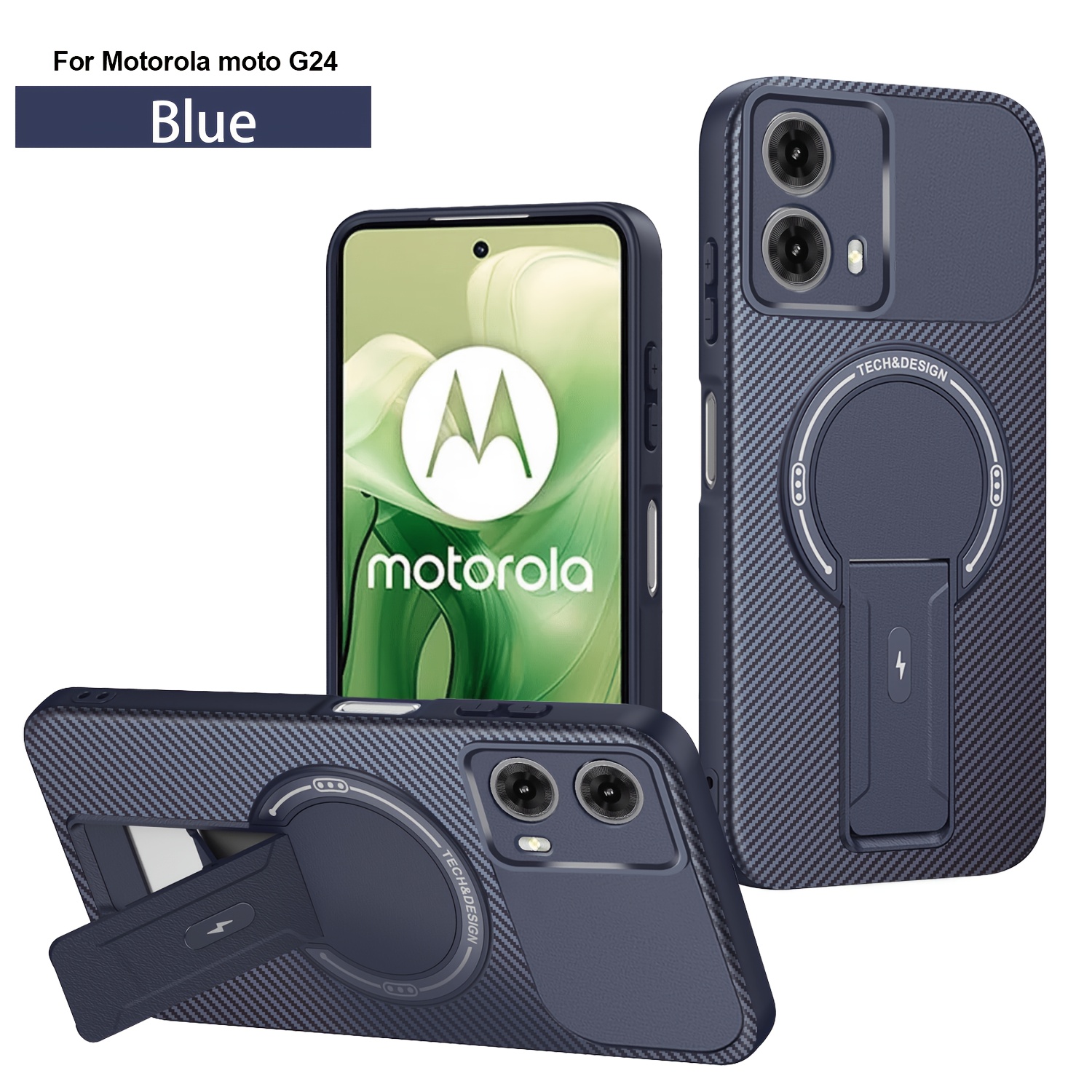 TEMU Phone Case - Carbon Fiber Texture Magnetic Phone Case, Suitable For Motorola G04 G04s G24 G34 G35 G45, With Hidden Foldable Stand, Full Coverage