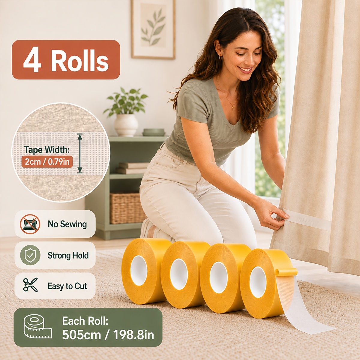 TEMU 4-roll Pack Of Curtain Hem Tapes, No-sew Fabric Edge Binding Tapes, No-iron Sewing Adhesive Tapes, Double-sided Hem Fixing Tapes, Fabric Repair