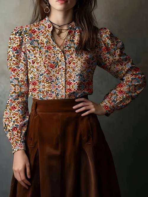 french style retro floral lapel shirt womens puff sleeve pleated long sleeve top elegant v neck all match commuter base shirt