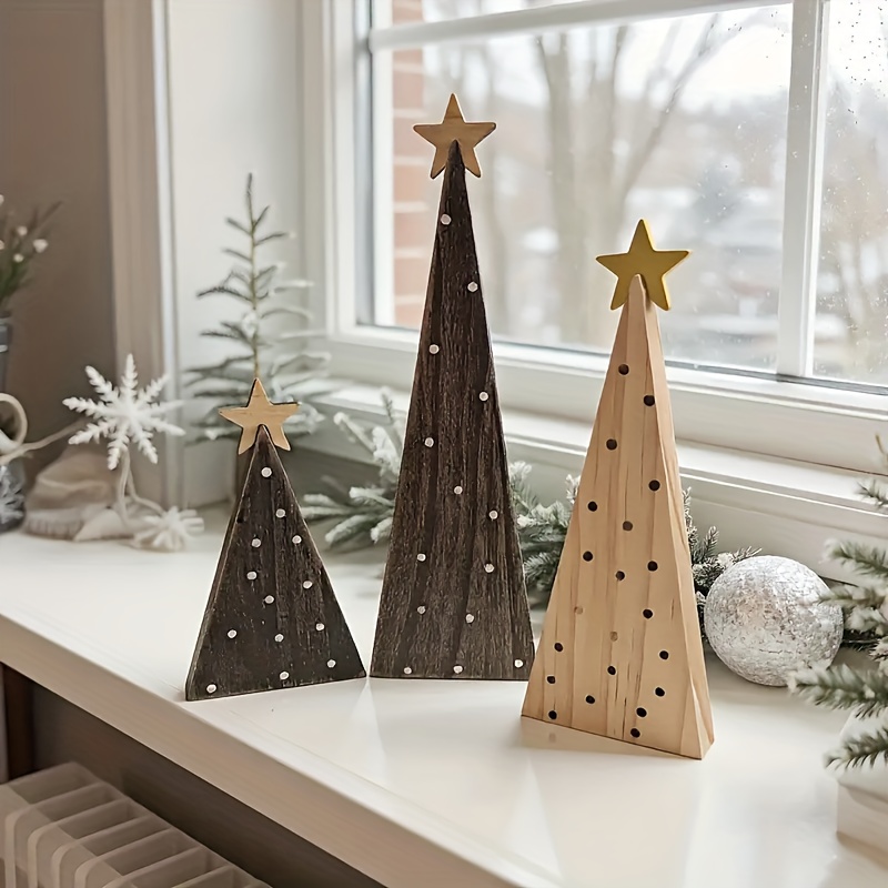 TEMU 3pcs Bohemian Style Christmas Tree Set - Rustic And With Star Topper, Shelf, Windowsill, And Tabletop Decorations, A Cozy Holiday Gift For All