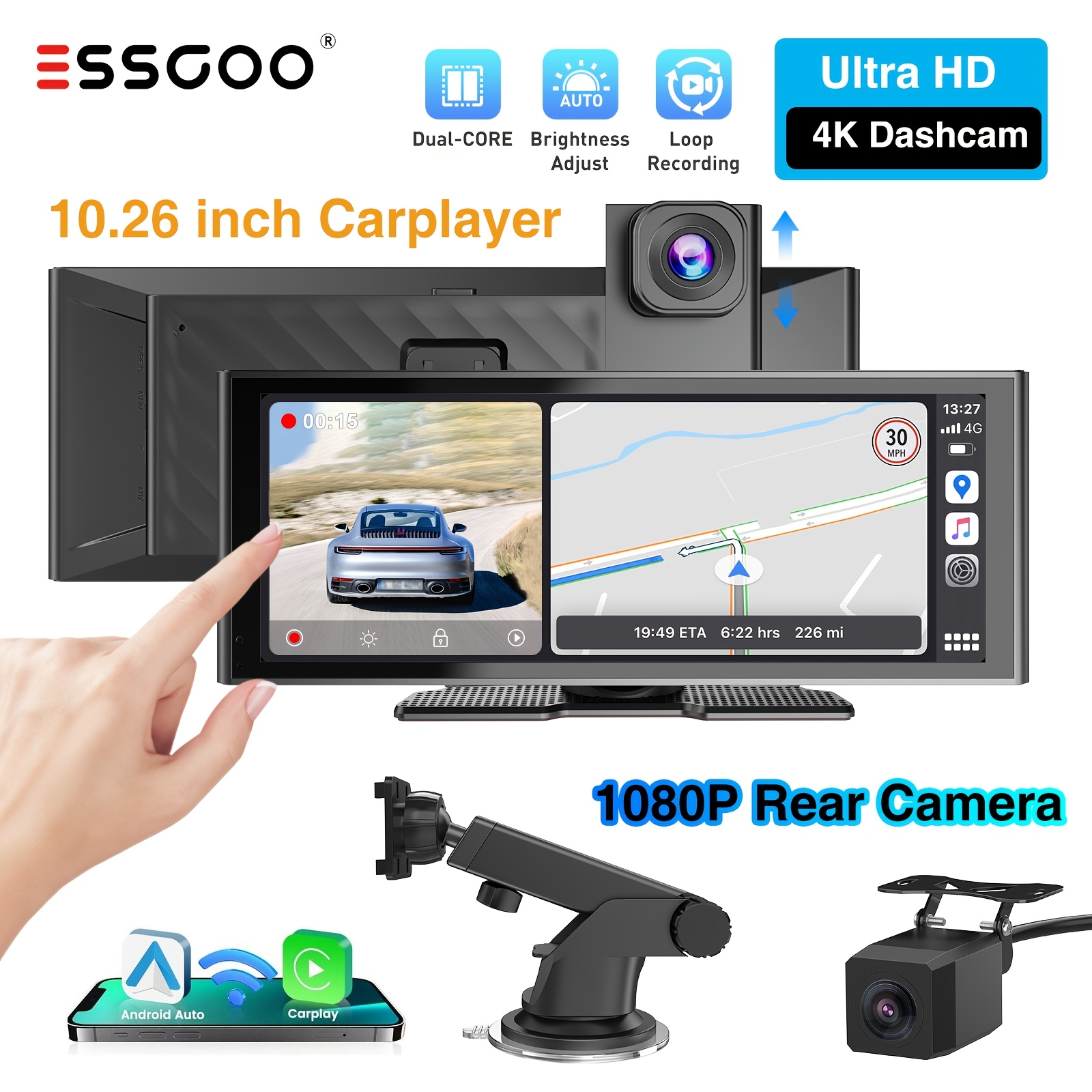 Essgoo 10.26" Portable Car Player, & Auto, Dual Lens 4k Front Dash Cam And 1080p Rear Camera, Ips Touchscreen, , , , Auto Brightness, Wireless Fm Aux With Voice Control, Dual Brackets
