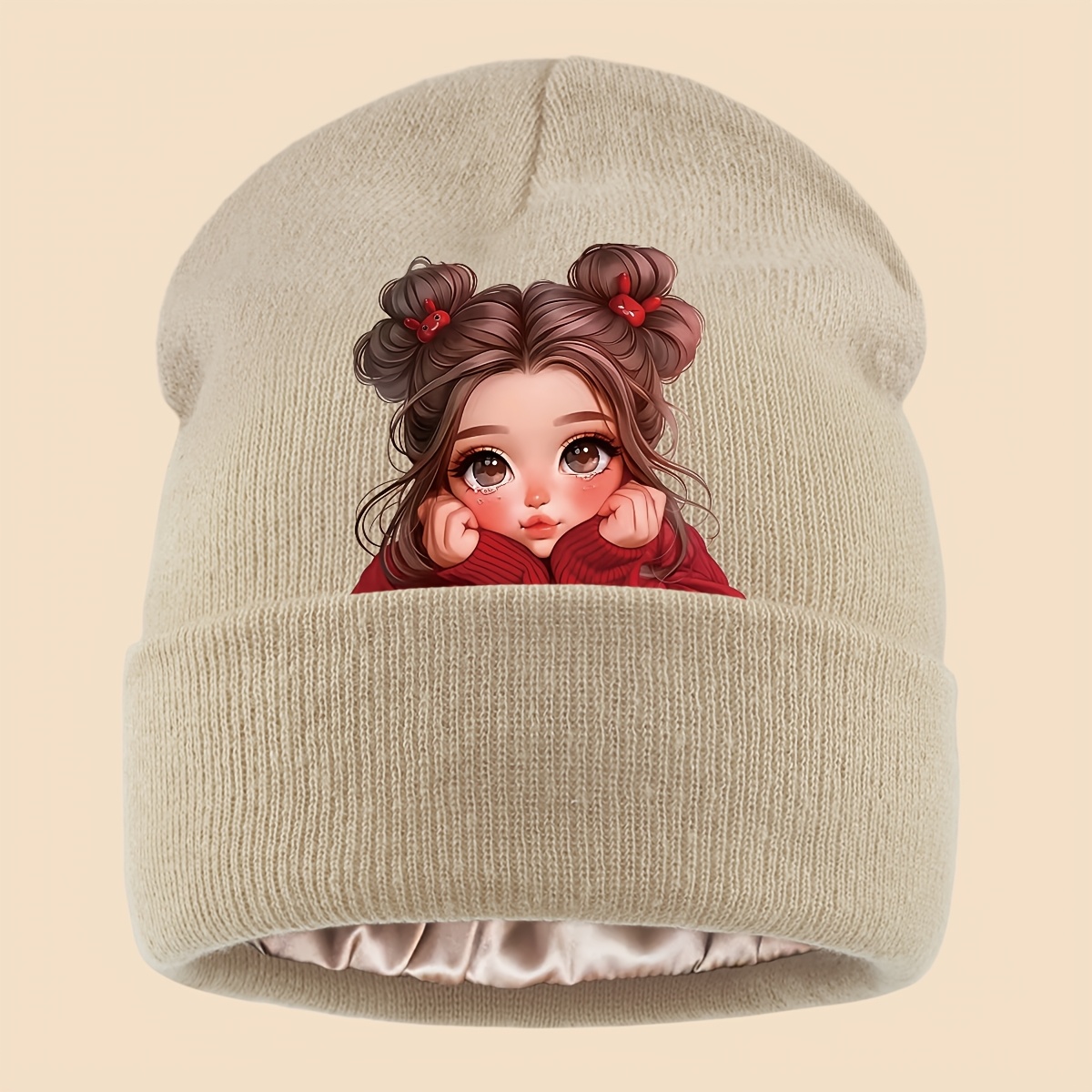 TEMU 1pc Girls' Fashionable And Cute Cartoon Girl Print Knit Hat, Stylish Casual Spring Women's Hat, Urban Casual Headwear, Unisex Outdoor Leisure