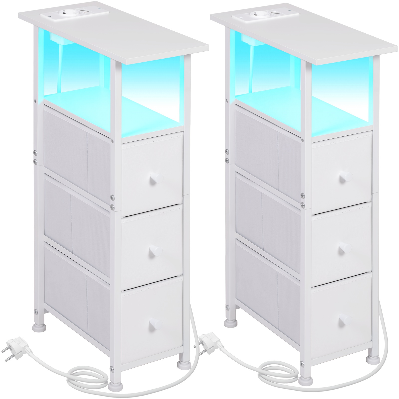 TEMU Amhancible Living Room Side Tables, 2pcs Set With Charging Station; Narrow Side Table With Usb Port And Socket; Slim Bedside Table With 3 Fabric