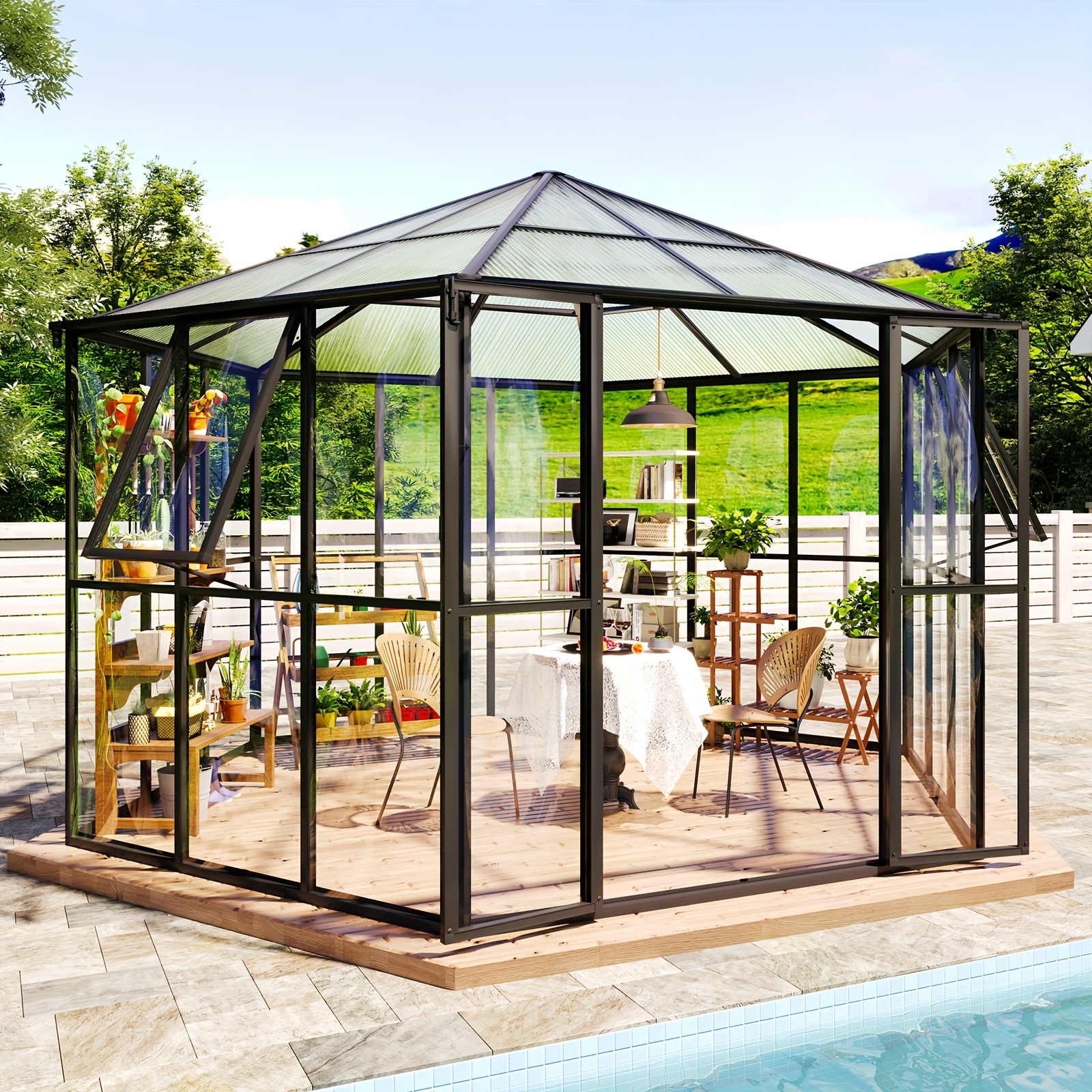 

Black Hexagonal Greenhouse 12x10x8ft - Waterproof, Walk-in Aluminum With Fittings, 2 Vents & Swing Doors For Outdoor Garden Backyard