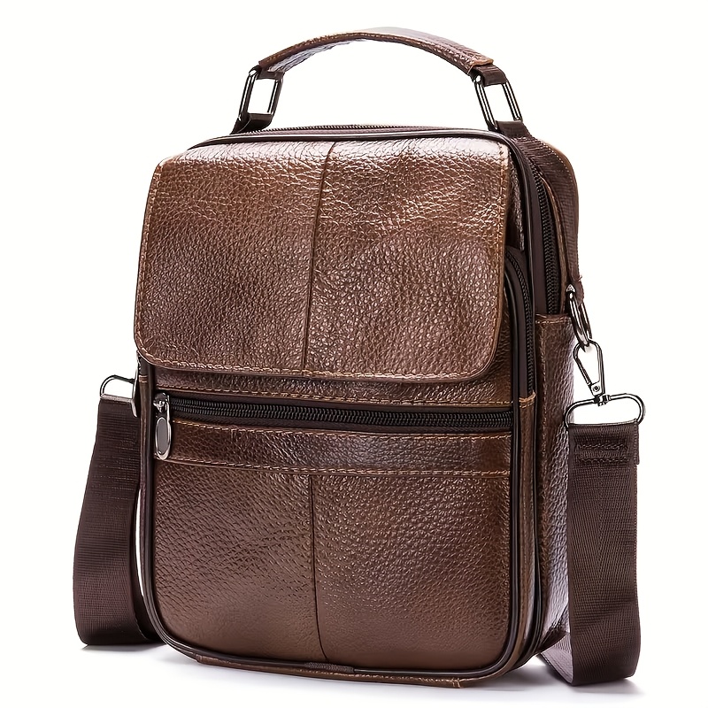 Genuine Leather Messenger Bag For Men - Top Layer Cowhide Handheld Shoulder Tote With Multiple Zippers For Business And Travel